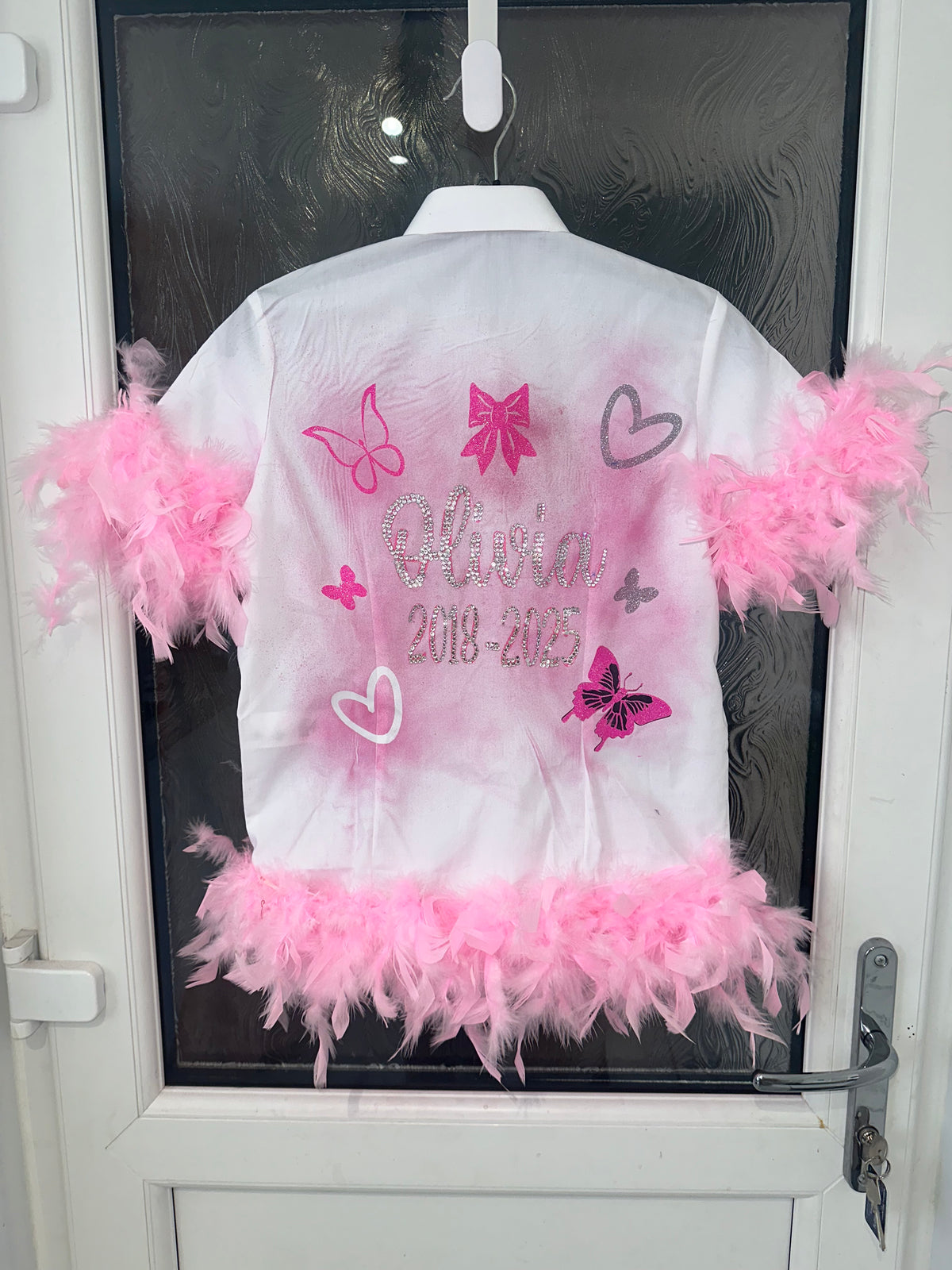 Leavers Shirt Bow & Butterflies Design Spray Pinted